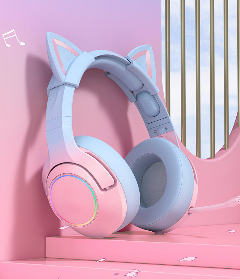 渐变色猫耳朵耳机头戴式电脑电竞游戏有线带麦女生粉色高颜值笔记本可爱少女心降噪二次元