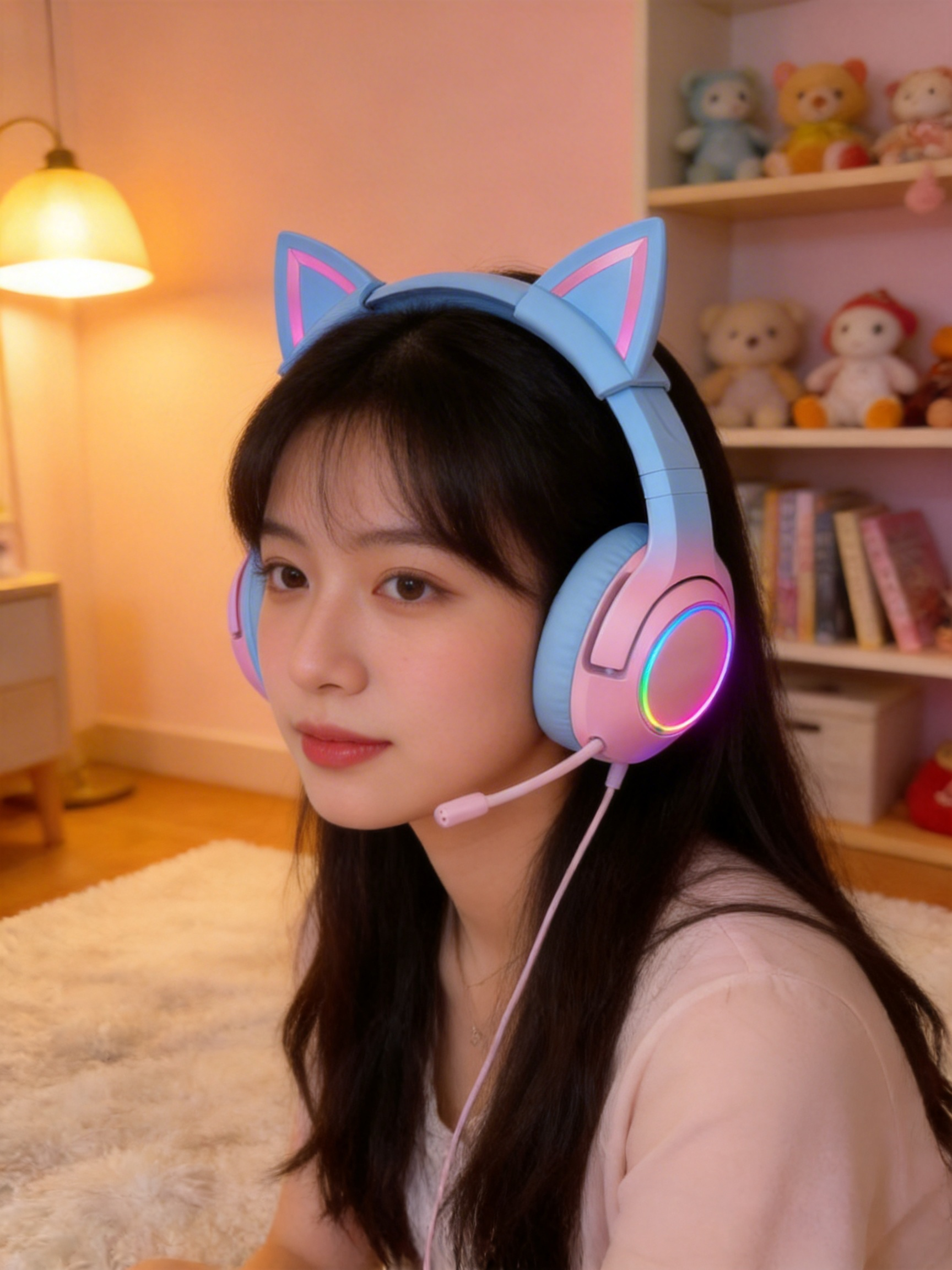 渐变色猫耳朵耳机头戴式电脑电竞游戏有线带麦女生粉色高颜值笔记本可爱少女心降噪二次元