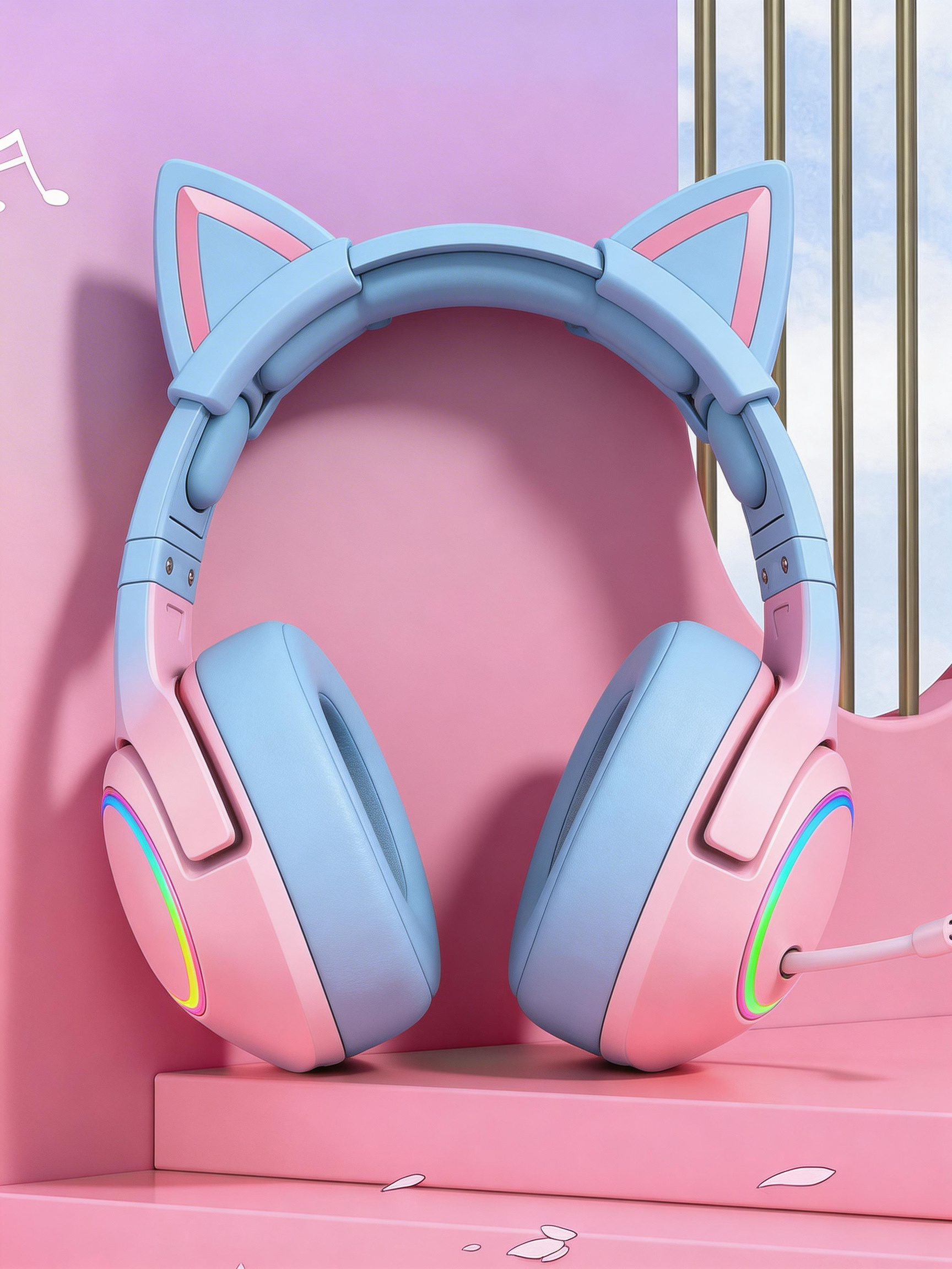 渐变色猫耳朵耳机头戴式电脑电竞游戏有线带麦女生粉色高颜值笔记本可爱少女心降噪二次元