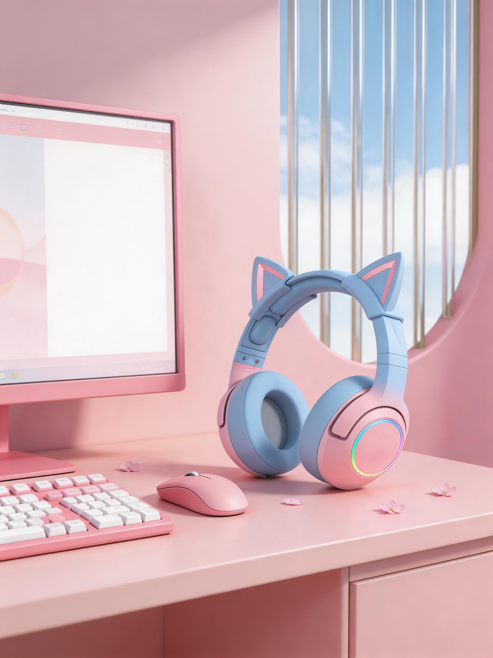 渐变色猫耳朵耳机头戴式电脑电竞游戏有线带麦女生粉色高颜值笔记本可爱少女心降噪二次元
